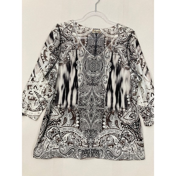 World Unity Woman Tops - World Unity Top XL Brown White Paisley Ikat V-Neck Rhinestone 3/4 Sleeve Boho